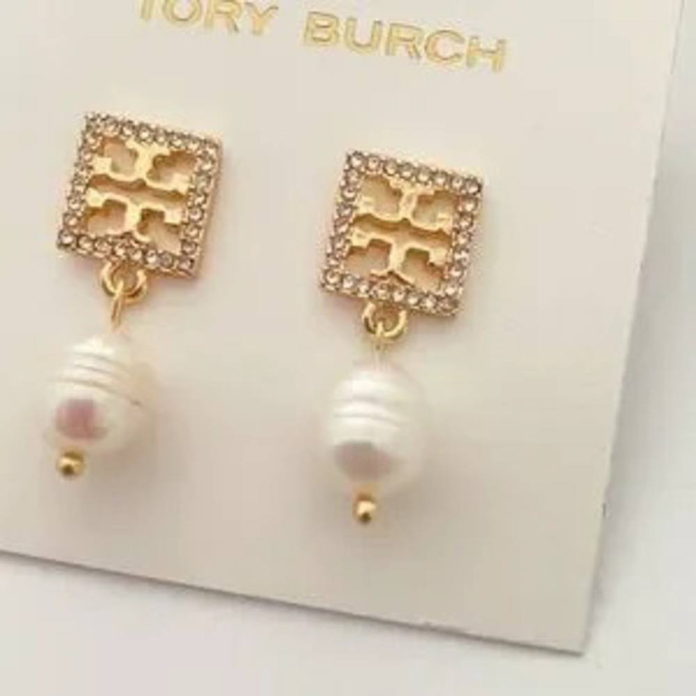 TORY BURCH Crystal paved Square logo & pearl earrings